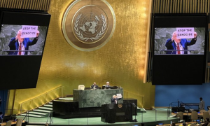 Palestinian Ambassador to UN Raises “Sop Genocide” Poster in UNGA