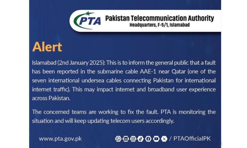 Pakistan, Internet, Submarine Cable, Qatar, Pakistan Telecommunication Authority, PTA, AAE-1