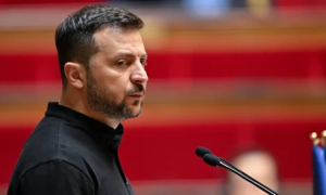 President Volodymyr Zelensky, fair peace, Ukraine, Russian invasion, French parliament, Paris, Switzerland,