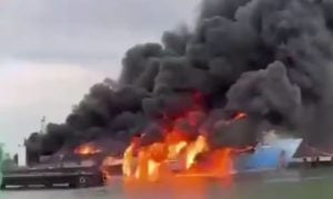 Ukrainian Aerial Attack, Russian, Fuel Ferry, Fuel Tanks, Krasnodar, Kavkaz Port, Ukraine, Social Media, Crimea, Port, Kerch Strait, Zelensky