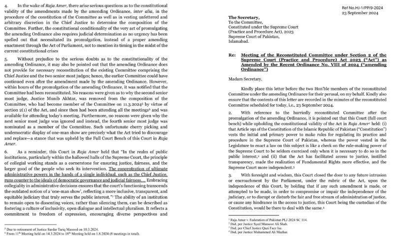 Justice Mansoor Ali Shah, Supreme Court, Practice & Procedure Amendment Ordinance, Committee, Letter