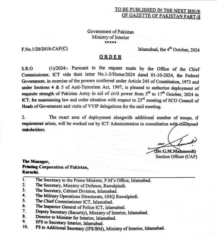 Pakistani government, deployment, Pakistan Army, Islamabad, law and order, Shanghai Cooperation Organisation, SCO summit,