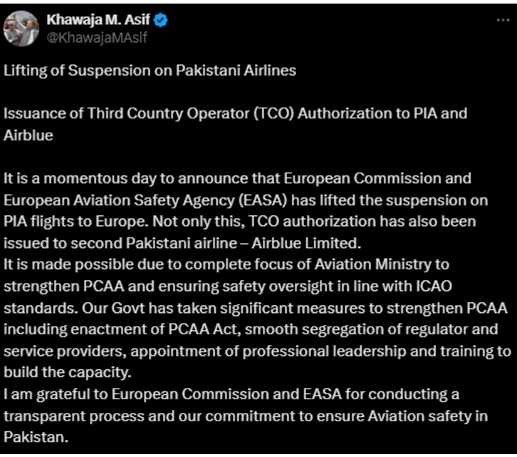 PIA, Europe, PIA Flights, European Commission and European Aviation Safety Agency, EASA