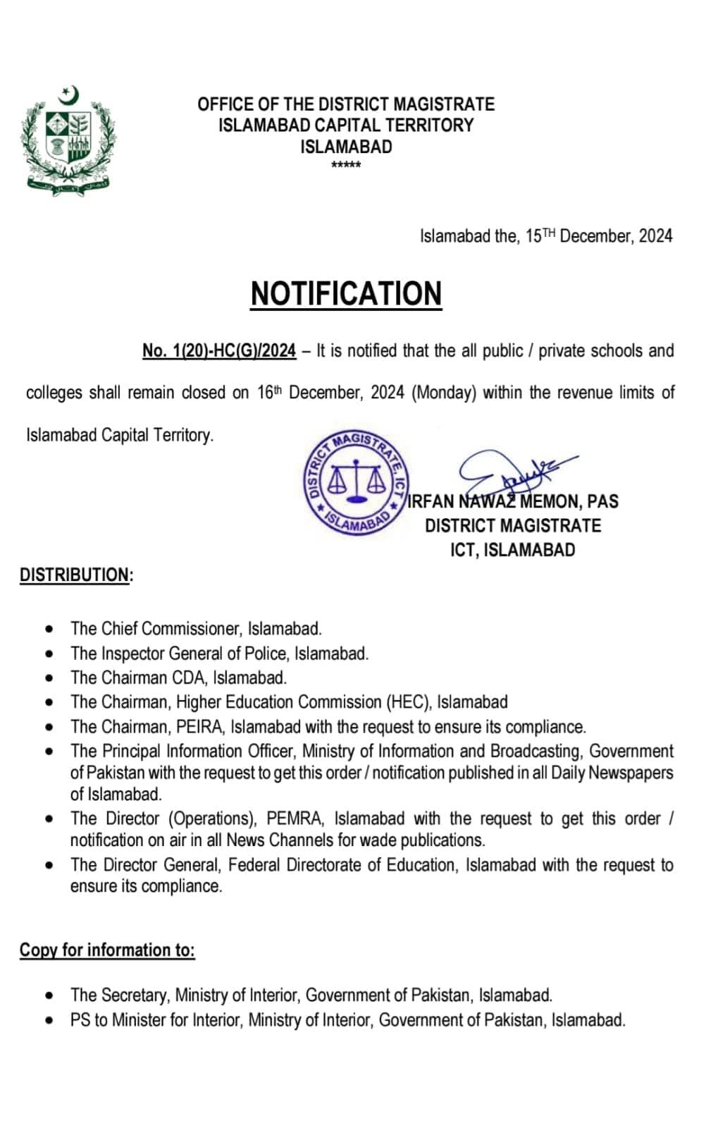 Islamabad, Rawalpindi, Lahore, Schools, Colleges, Universities, Holiday, APS Peshawar