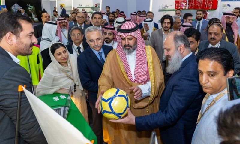 Jeddah: At the 'Made in Pakistan' Exhibition & Business Forum in Jeddah, Federal Minister for Commerce, Jam KamalKhan, proudly showcasing a Pakistani-manufactured football to His Excellency Ibrahim Al Mubarak, Assistant Minister at the Ministry of Investment, Saudi Arabia, highlighting Pakistan's global reputation in football production, the Minister expressed confidence in Pakistan's contribution to FIFA 2034, aligning with Saudi Arabia's hosting of the prestigious tournament on February 06, 2025.