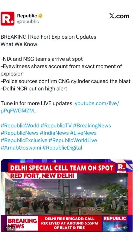 Nine Killed in Gas Cylinder Explosion Near Red Fort in India’s Capital New Delhi