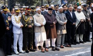 Mourners attend the funeral ceremony of Bangladesh's former prime minister Khaleda Zia at the Parliament house premises in Dhaka on December 31, 2025 a day after her death.