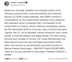 Trump Raises Global Tariff Rate to 15% After Supreme Court Ruling