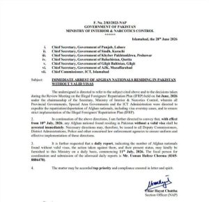 Pakistan Orders Immediate Arrest of Undocumented Afghan Nationals from July 10