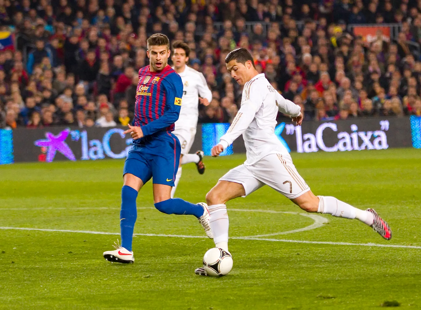 crisiano ronaldo in action at the spanish cup match between fc barcelona and real madrid 2012