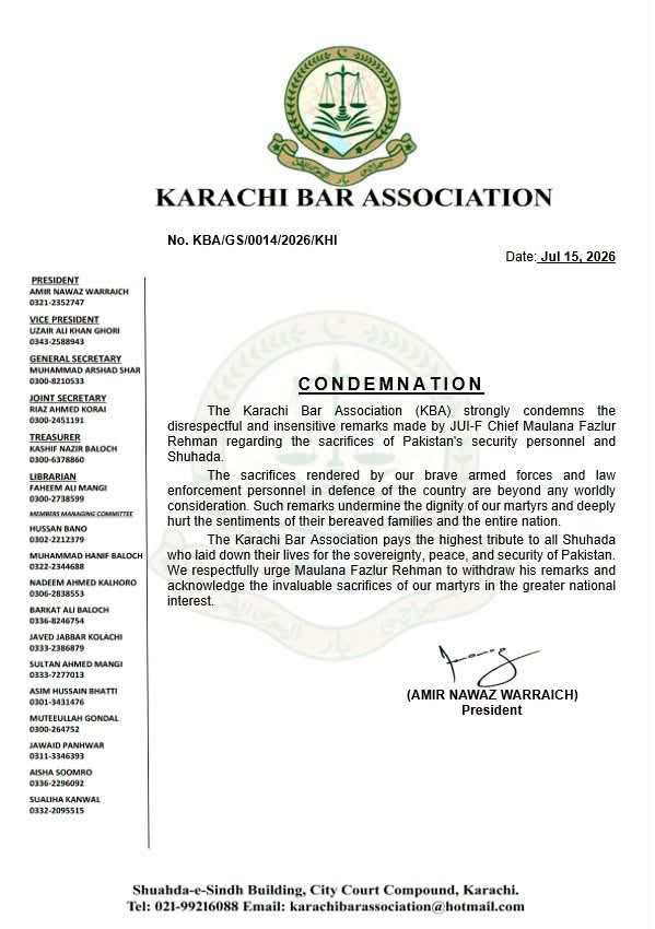 Karachi Bar Association Condemns Maulana Fazlur Rehman’s Disrespectful Remarks against Security Personnel